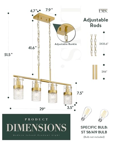 4 Light Brushed Gold Island Chandelier Lights for Kitchen (Gold -Hammered Glass / 3.5" Hammered Glass, 4-Light)
