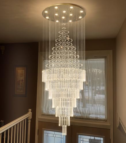 W32 x H120 Glam Chandelier with LED Bulbs Crystal Raindrop High Ceiling Pendant Light for Entrance Large Villa Chandelier Foyer Lighting Fixtures Gold (Gold / Round W32" X H118")