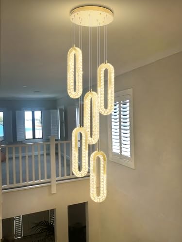 Modern LED Chandelier 5 Ring Gold LED Pendant Light Adjustable Height Hanging Chandelier for Staircase Foyer (Gold / 5 Rings (New))