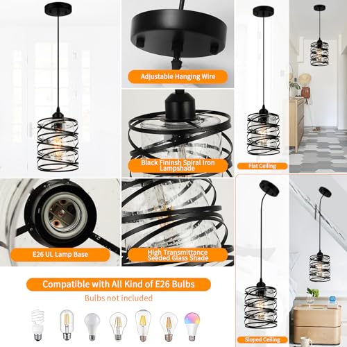 Black Modern Pendant Light for Kitchen Island Over Sink (Black Seeded Glass / 1 Light)
