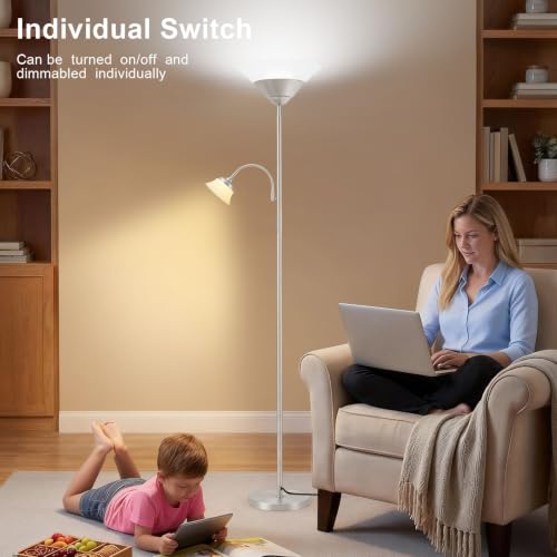 2-in-1 Torchiere Floor Lamp, 34W Super Bright LED Standing Lamp with Remote & Touch Control, 72" Dimmable Adjustable Corner Reading Lamp for Living Room, Bedroom, Office, Silver (Silver)