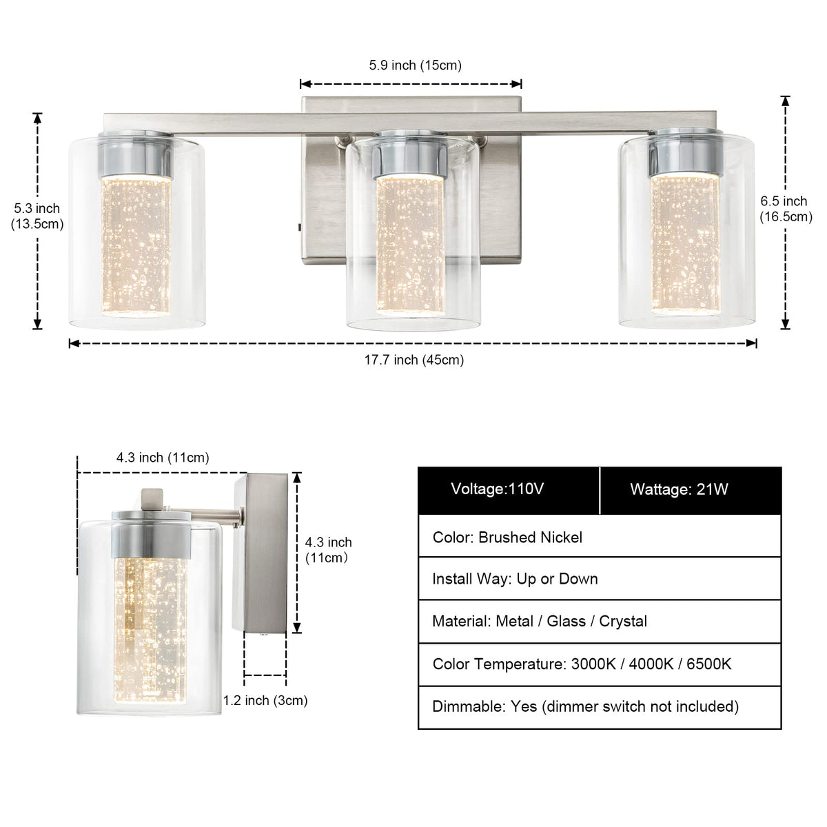 3 Light Brushed Nickel Vanity Light with 3 Color Modes (3-light / Brushed Nickel)