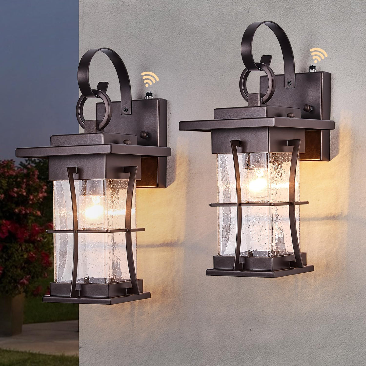 2 Pk Oil Rubbed Bronze Outdoor Sconces Light with Dusk to Dawn Sensor Photocell Exterior Porch Lanterns Outside Wall Lamps Waterproof Brown Metal with Seeded Glass Coach Light Fixtures for House (Oil-Rubbed Bronze / Medium)