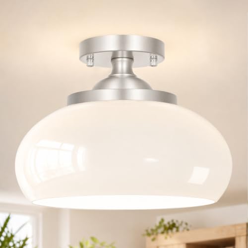 Brushed Nickel Semi Flush Mount Ceiling Light (Nickel & White Glass / 12in)