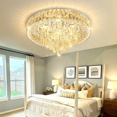 Modern Crystal Chandeliers for Dining Room LED Light Fixture Close to Ceiling Chandelier Flush Mount Ceiling Light Dimmable Lamp with Remote for Living Room Bedroom Hallway 2700K 6000K (Silver / 19.7" Width)