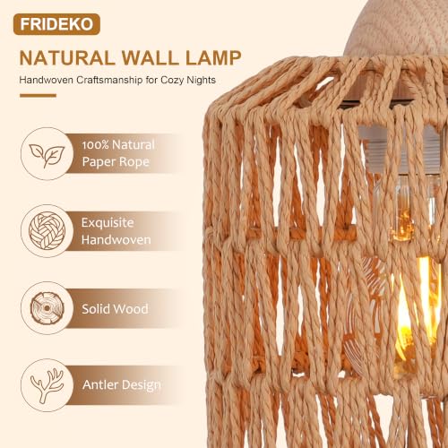 Frideko Rattan Wall Lamp with Plug in Cord Hand Woven Plug in Wall Sconces Paper Rope Wall Light Farmhouse Wall Sconce Wall Mounted Light Boho Wall Sconces Wall Lighting for Bedroom Living Room (Brown(1PC))