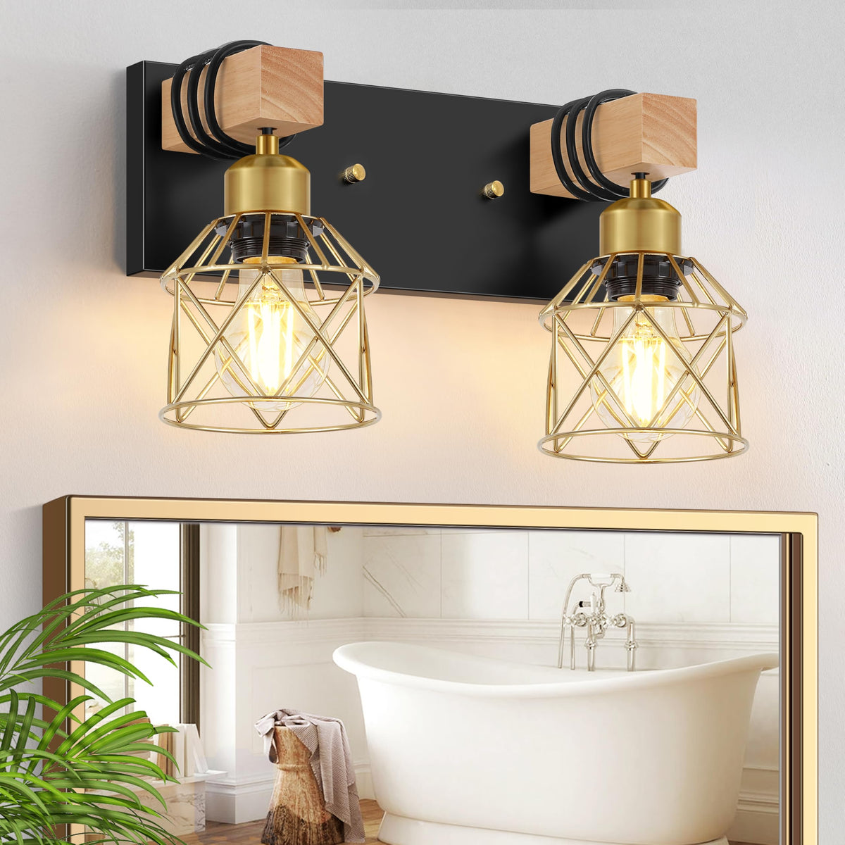 Rustic Style Wood Bathroom Wall Sconces (Black & Gold / 2-Lights)