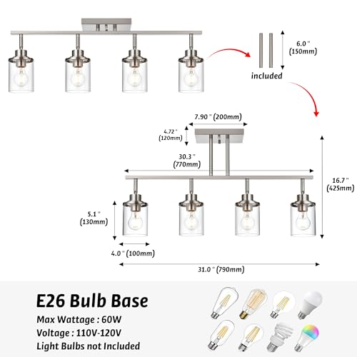 4 Lights Directional Ceiling Light Fixtures with Flexibly Rotatable Light Head Brushed Nickel Bathroom Lights Modern Complete Track Lighting Kits with Clear Glass Shade (Brushed Nickel / 4-Light)