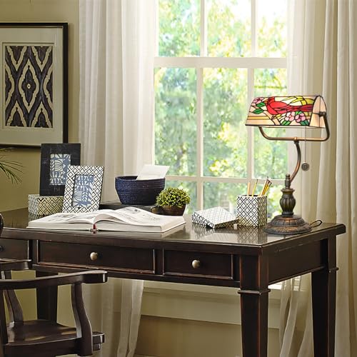 Northern Cardinal Bird Tiffany Bankers Desk Lamp Stained Glass Table Lamp Vintage Bedroom Bedside Office Study Pull Chain Reading Desk Light Gift Nightstand Aesthetic Antique Desklamp (Northern Cardinal Bird)