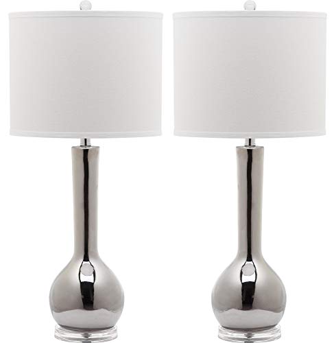 Lighting Collection Mae Long Neck Ceramic Silver and White Table Lamp (Silver - Set of 2)