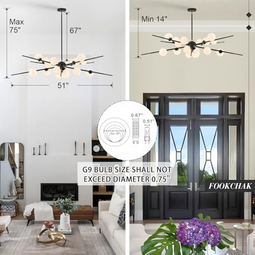 Large Black Sputnik Ceiling Light Fixture 51in 16 Light Frost Glass (Black & White / 51 inch)