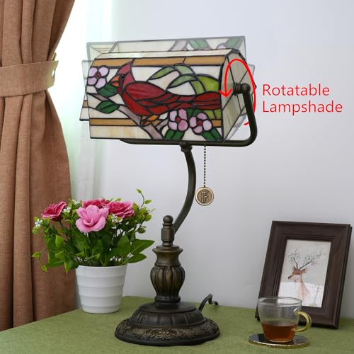 Northern Cardinal Bird Tiffany Bankers Desk Lamp Stained Glass Table Lamp Vintage Bedroom Bedside Office Study Pull Chain Reading Desk Light Gift Nightstand Aesthetic Antique Desklamp (Northern Cardinal Bird)