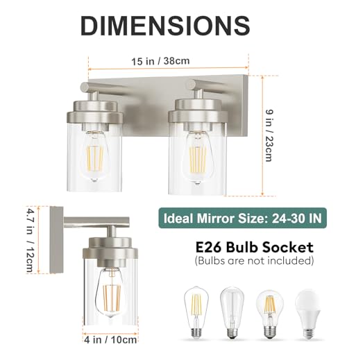 Bathroom Vanity Light Fixture (Nickel-Clear Glass Shade / 15 inch-2-Light)