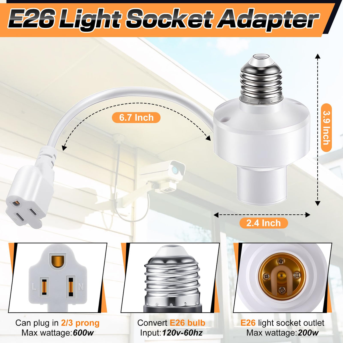 3 in 1 E26 Light Socket Outlet Adapter (White)