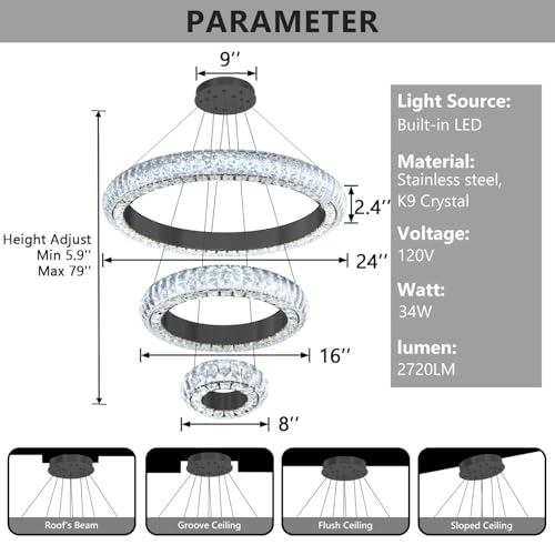 23.6" 3 Ring Crystal Chandelier Modern LED Dimmable Ring Pendant Light Round Chandelier for Dining Room Living Room Black (Black / 3 Ring Round 24")