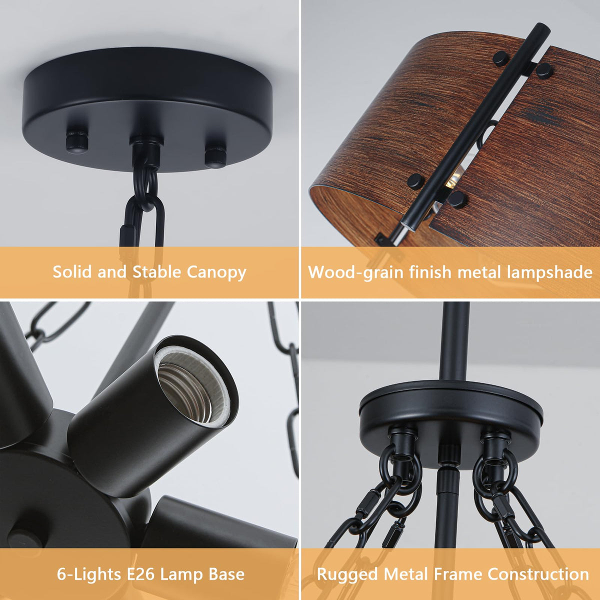 23.62" Farmhouse Chandeliers for Dining Room 6 (Brown Wood Grain Finish-6-Light-23.62'')