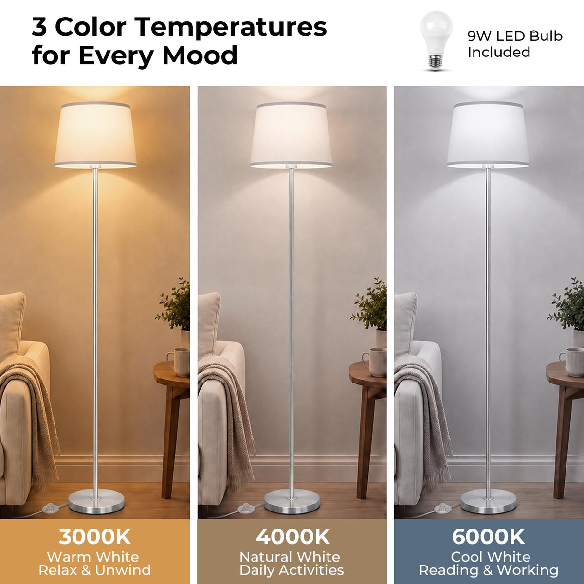 Floor Lamp for Living Room (Silver+White Shade)
