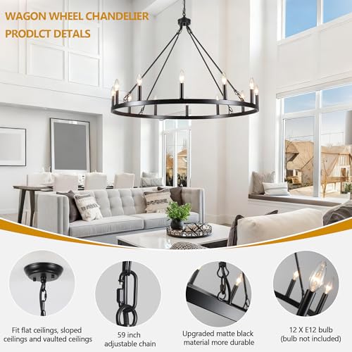 Black Wagon Wheel Chandelier 38 inch (Black-12 lights)