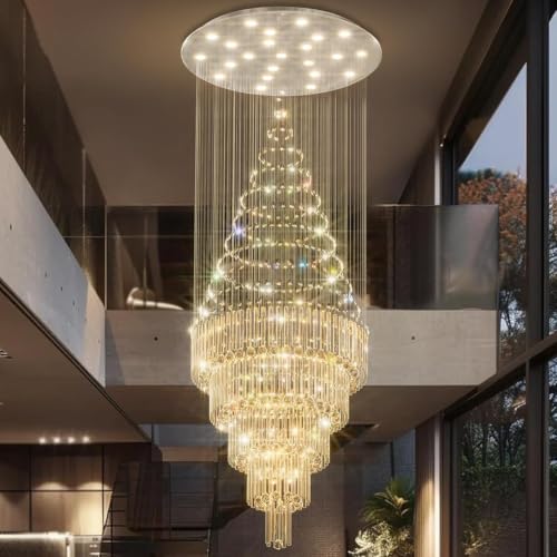 D40''x H110'' Modern Round Crystal Chandelier LED Dimmable Large Crystal Raindrop Chandeliers High Ceiling Tier Chandeliers for Foyer Stairwell Entryway Living Room Silver (Silver / D40"X H110")