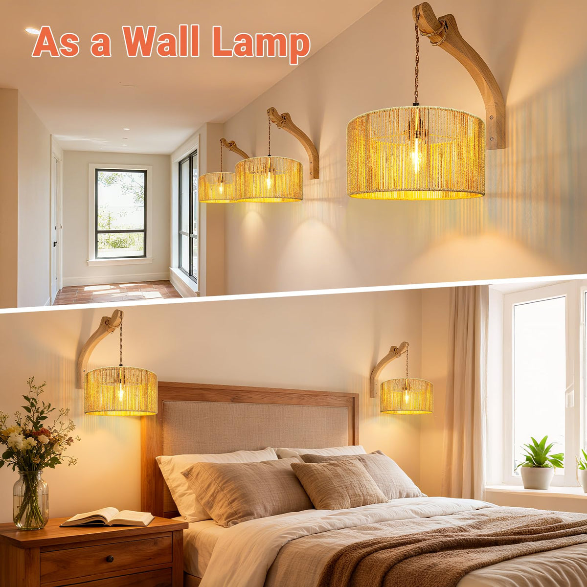 Hanging Light Rattan Lamp Shades Boho Lamp Shade 12.6in x 6.7in (12.6 Inch Rattan Lamp Shape)