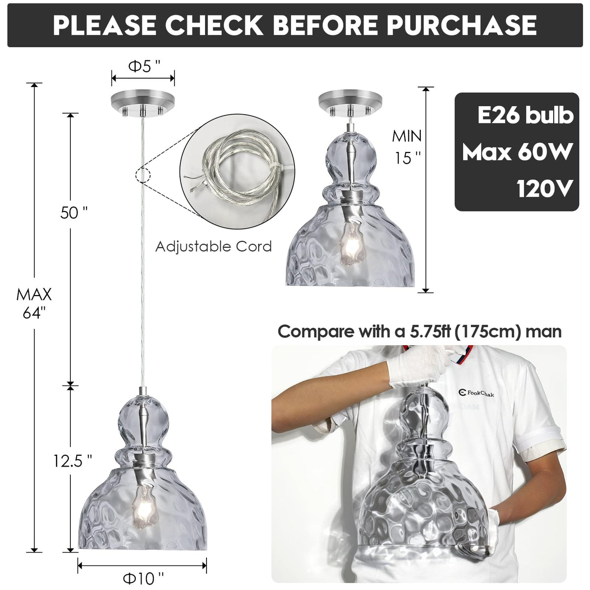 10in Modern Hammered Glass Pendant Light Smoked Grey Kitchen Island Lights (Smoky Grey)