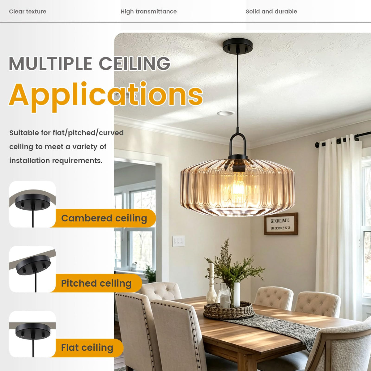 13.78″ Large Glass Pendant Light Mid Century Amber Lighting fixture (13.7″-Amber)