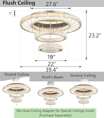 Crystal Glam Chandelier LED Ceiling Light Living Room Lighting Fixtures Remote Dimmable Ceiling Chandeliers Silver 40 Inches Large Light (40 inch / Silver)