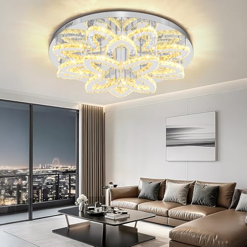 Dia 32" Modern Chandeliers for Living Room Crystal Ceiling Chandelier Round Chandeliers for Dining Room Bedroom Living Room Entryway Silver Flush Mount Crystal Ceiling Light with Remote (Silver / Dia 32")