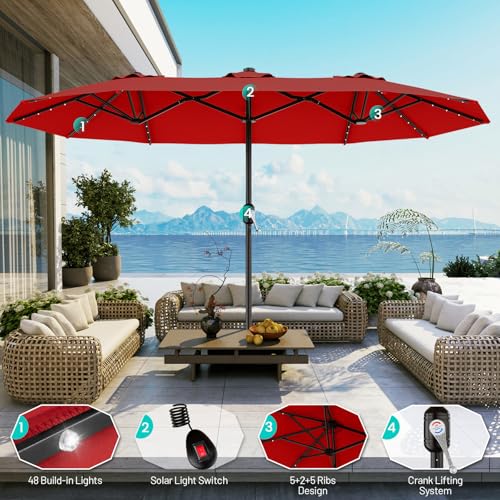13 FT Patio Umbrella with Solar Lights (Red / 6.5x13 Ft)