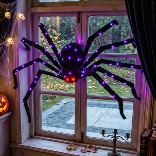 Halloween Decorations Outdoor Giant Spider Light Up Spider 4.3Ft Lighted Large Spider with 6 Modes and 100 LED Purple Lights