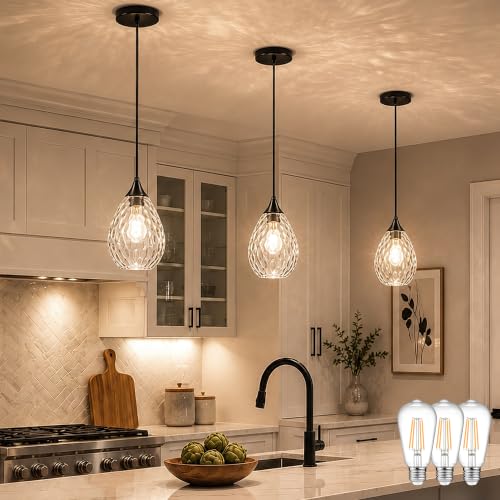 Black Glass Pendant Lights Kitchen Island 6.3" Pendant Light Hammered Clear Glass 3 Pack Height Adjustable Modern Hanging Pendant Lights for Dining Room Bedroom Hallway Sink Bulbs Incl (Black, 3 PK / 6.3 Inch)