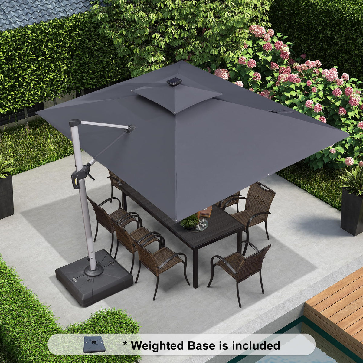 9' X 12' Solar Powered LED Rectangle Cantilever Umbrella With Base Patio Umbrellas Windproof Hanging Umbrella Outdoor Umbrellas (Grey / 9' X 12')