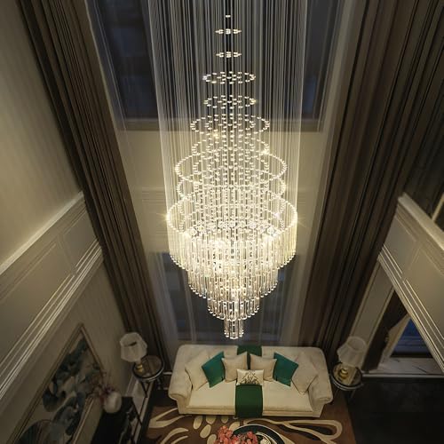 D32''XH79'' Modern Foyer Chandelier for High Ceiling Raindrop Crystal Chandelier High Ceiling Pendant Light Fixture for Hallway Living Room Gold Stairwell Chandeliers (Gold / D32"X H79")