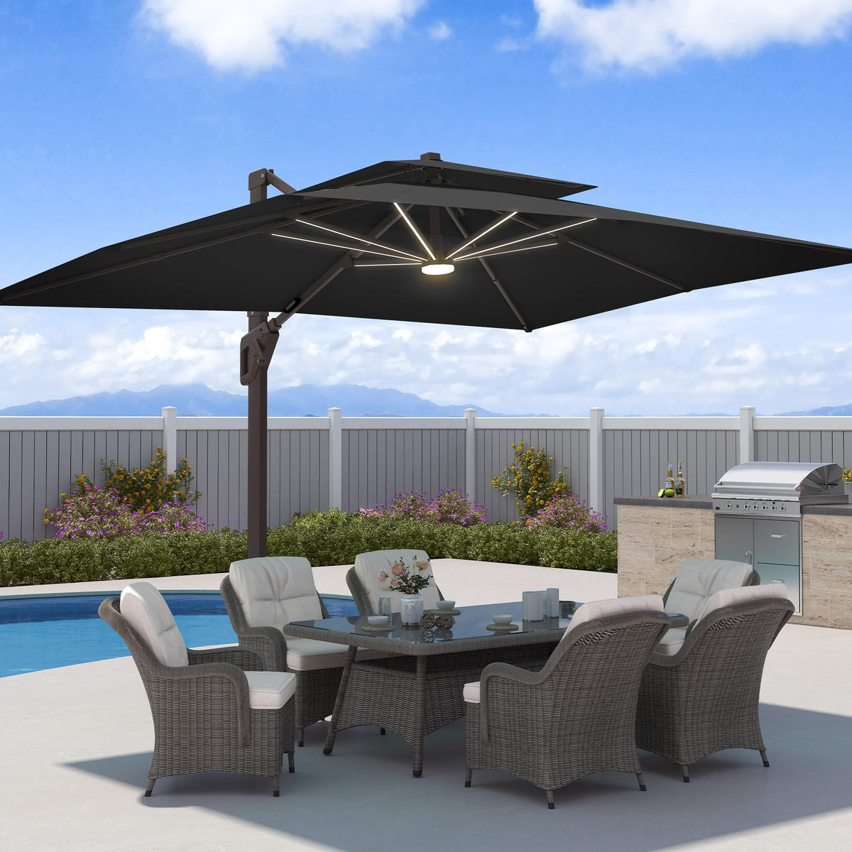 9x12 FT Patio Cantilever Outdoor Umbrella with Base and LED Lights (Black)