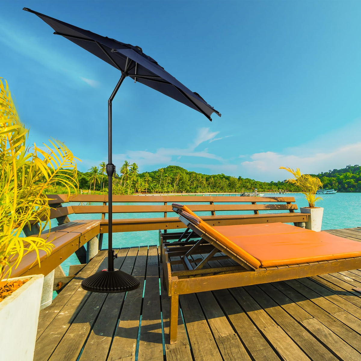 7.5FT Lyon Outdoor Patio Umbrella Outdoor Table Umbrella with Push Button Tilt and Crank Market Umbrella 6 Sturdy Ribs UV Protection Waterproof for Garden Deck Backyard Pool (7.5 FT(6 Ribs) / Navy Blue)