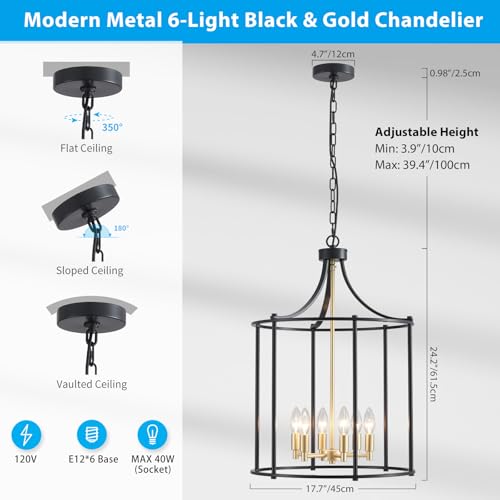 17.7" Lantern Pendant Light Modern Geometric Hanging Chandelier Black and Gold 6 Lights Adjustable Height Cage Pendant Lighting Fixture for Dining Room Living Room Kitchen Entryway Hallway (181-Black Gold)