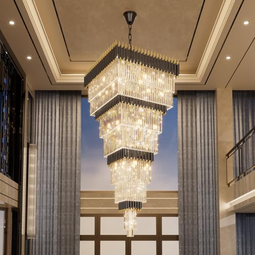 W32in x H94.5in Large Black Gold Crystal Chandelier (D32"XH94.5" Black)
