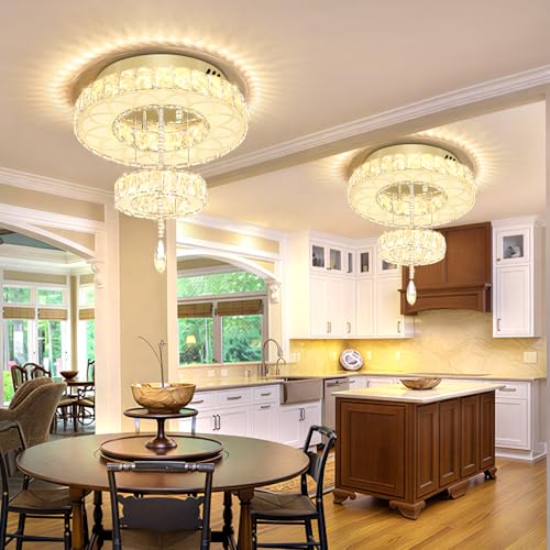 Dia 16inch Modern Gold Crystal Chandeliers Crystal Ring Chandelier for Hallway Bedroom Living Room Dining Room Dimmable LED Crystal Ceiling Light (Gold / W:16inches)