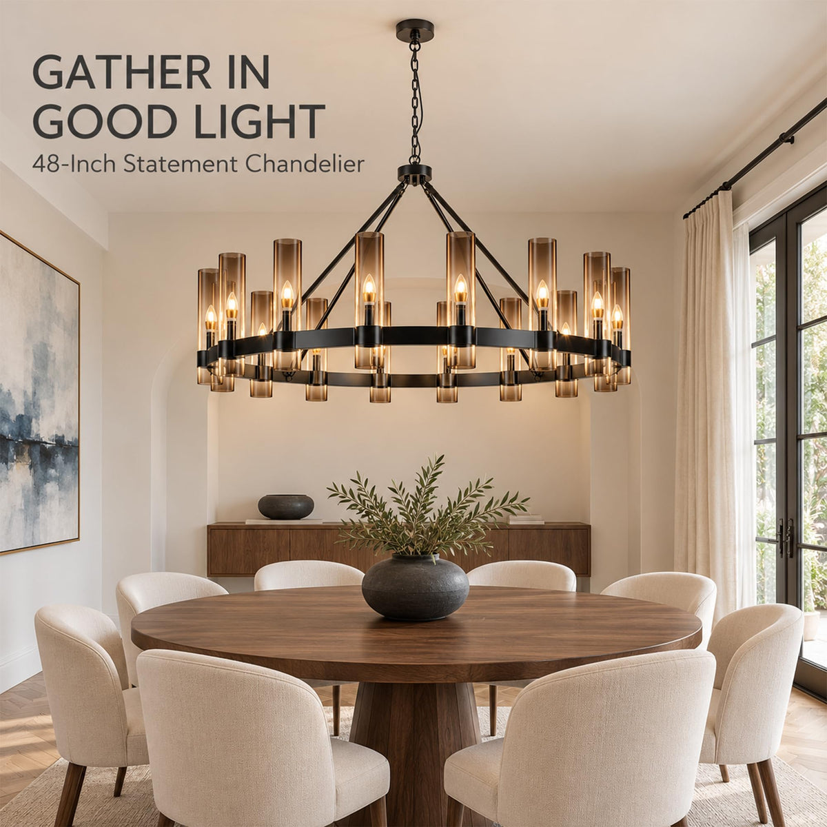 48 Inch Wagon Wheel Chandelier with Glass Shade (Black 48Inch 16Light B / 48IN-B)