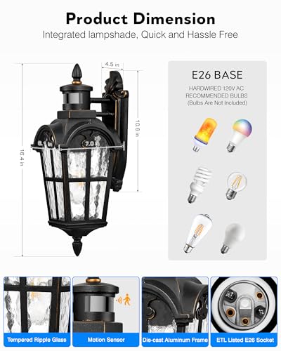 2 Pack Motion Sensor Outdoor Lights (Black(Gold Trim) / 2-pack)