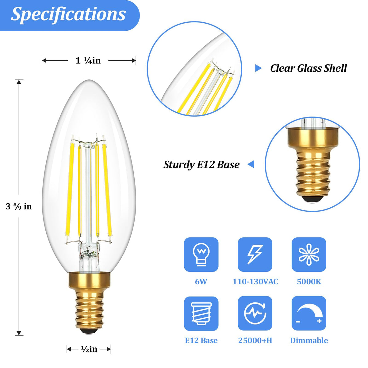 Dimmable E12 Candelabra LED Light Bulbs 60 Watt Equivalent (5000k Daylight White / 60w 12 Count (Pack of 1))