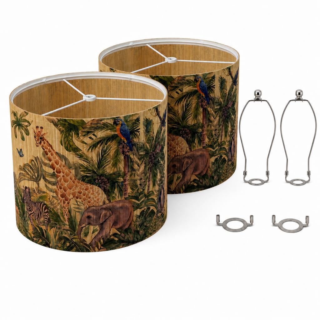 2 Pack Jungle Safari Print Drum Lampshade 13x13x10 in (Bamboo print)