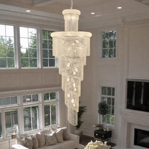 28 Light Large Long Spiral Crystal Chandelier for High Ceiling Foyer Entryway Living Room Staircase Chrome Finish 78'' H X 28'' W X 28'' D (Chrome / 78'' H X 28'' W X 28'' D)