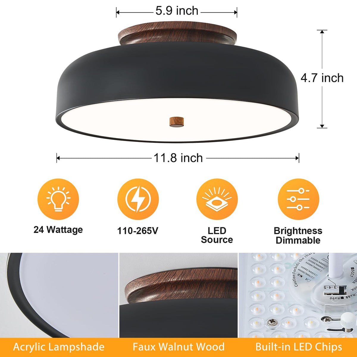 Dimmable LED Ceiling Light Fixture (Black Walnut / 11.81IN)