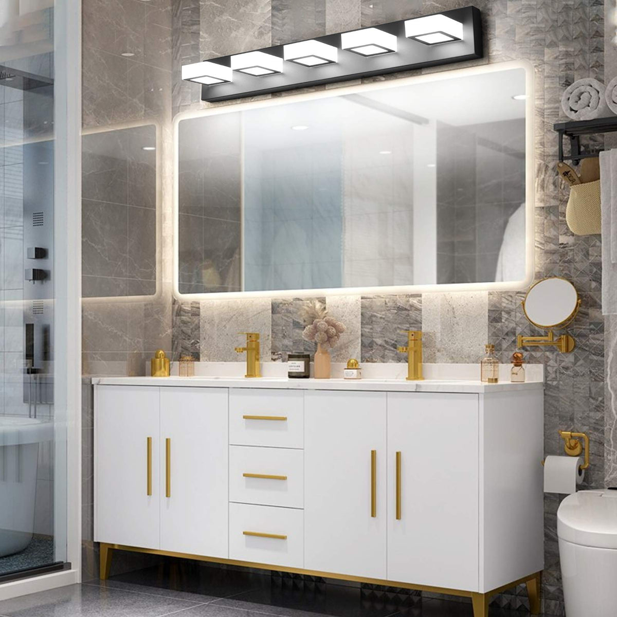 LED Modern Black Vanity Lights 5 Lights Acrylic Matte Black Bathroom Vanity Lights Over Mirror (Black-White light / 34 inch)