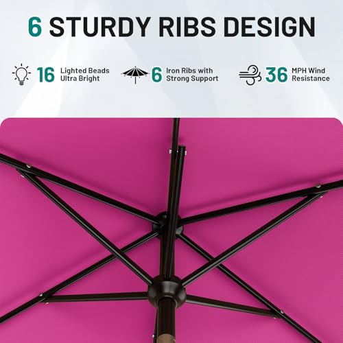 6.5' x 10' Rectangular Patio Umbrella with Solar Lights (Rose Pink / 6.5X10 FT)