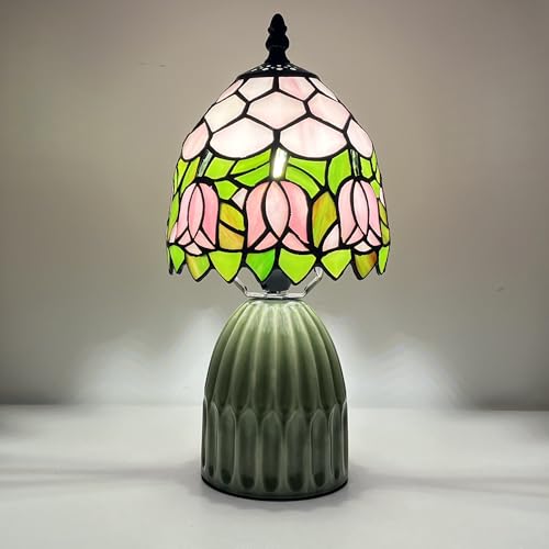 Small Tiffany Mushroom Table Lamp Stained Glass Desk Lamps Ceramic Base Antique Accent Light 6X6X12.5 Inch