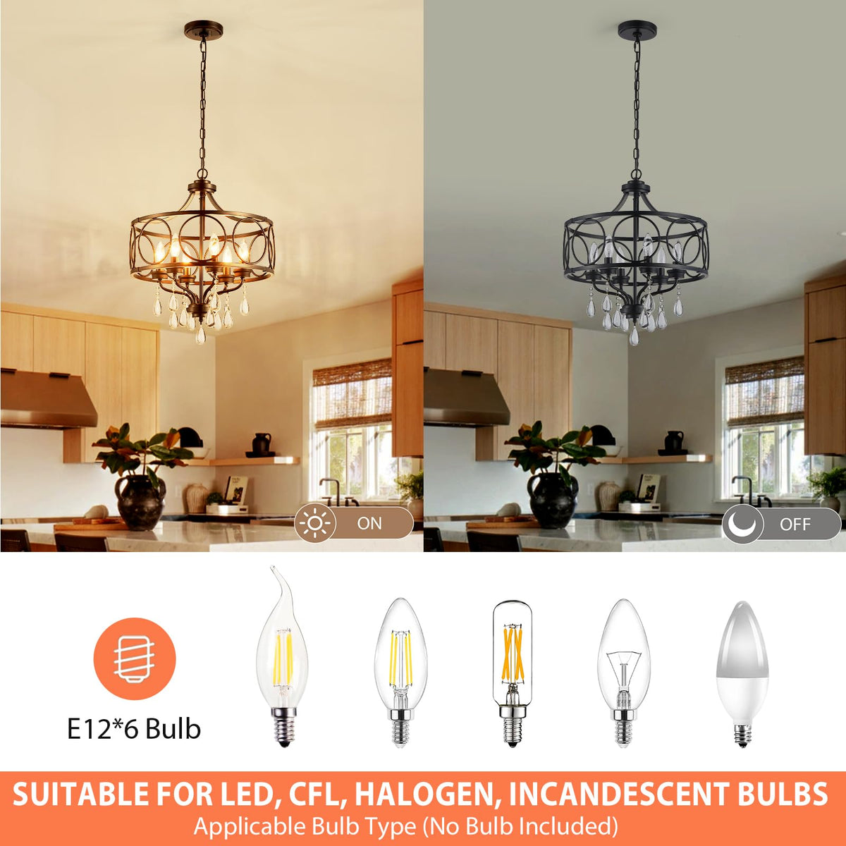 Modern Black Chandelier 17.7" Metal Crystal Pendant Lighting Fixture Hanging 6