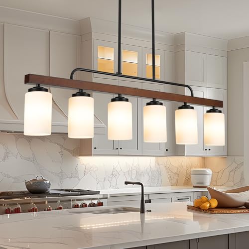 Farmhouse Wood Dining Room Light Fixture Over Table with Milk Glass Shade (Milk Glass / 6-Light)