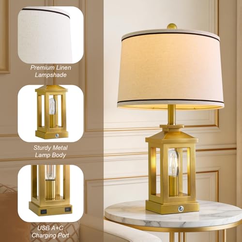 Modern Table Lamps Set of 2 for Living Room 23.75" Bedroom Nightstand Lamps (Gold)